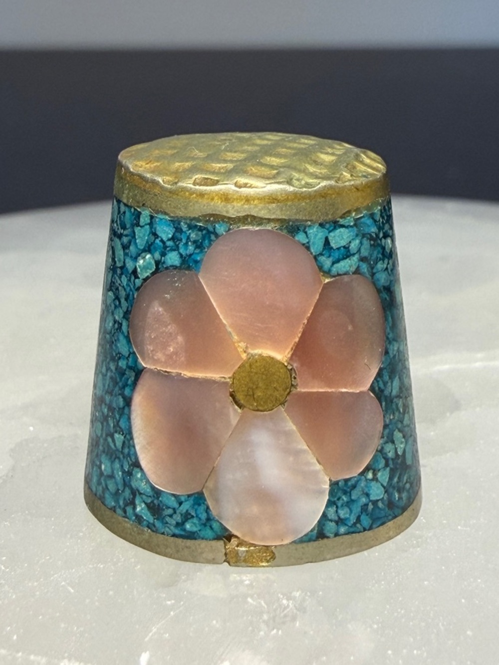 Hand Crafted Thimble with Turquoise & Pink Mother of Pearl Floral Inlay Accents
